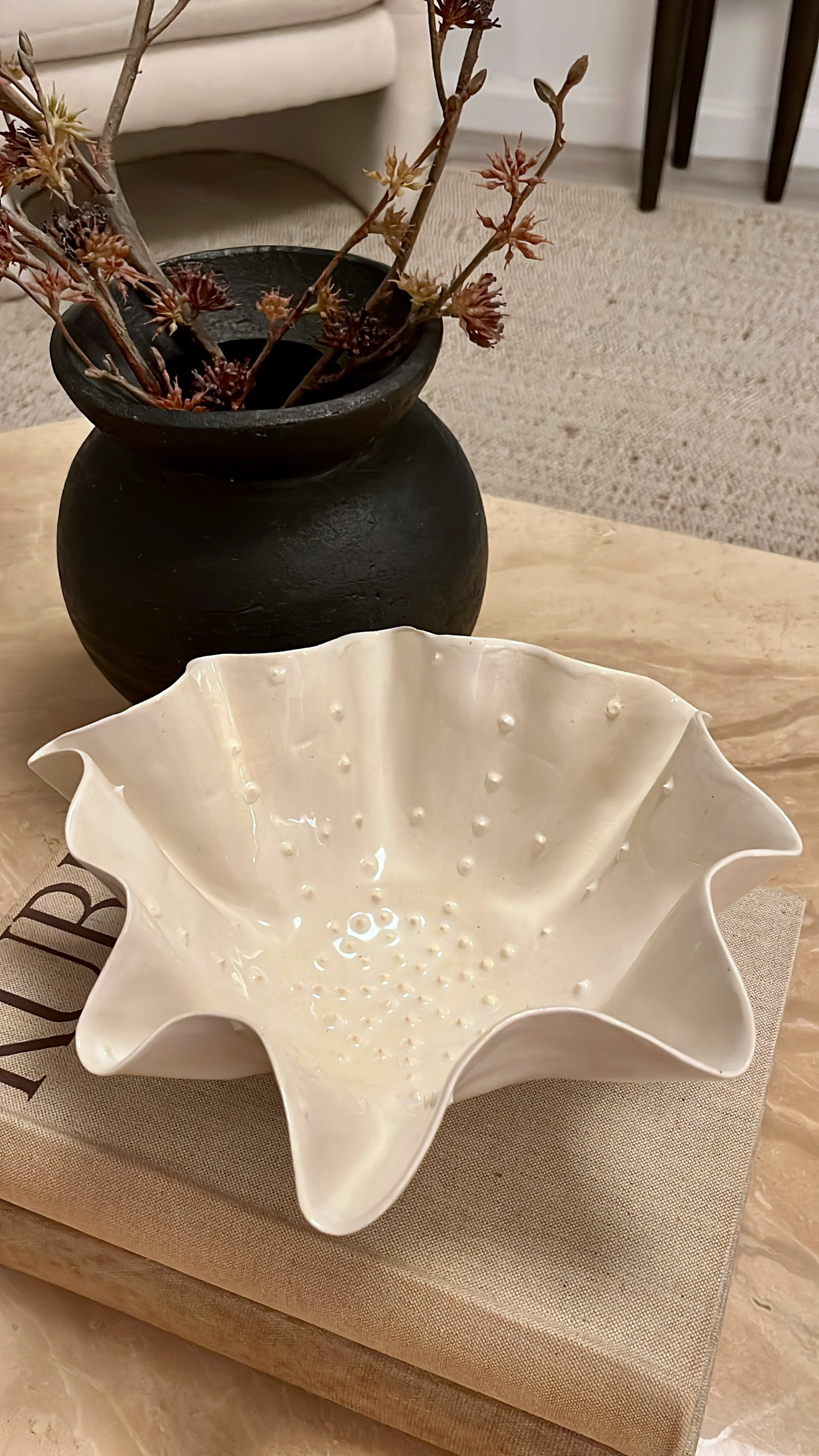Medium Ruffle Bowl with Slip Dot Detail