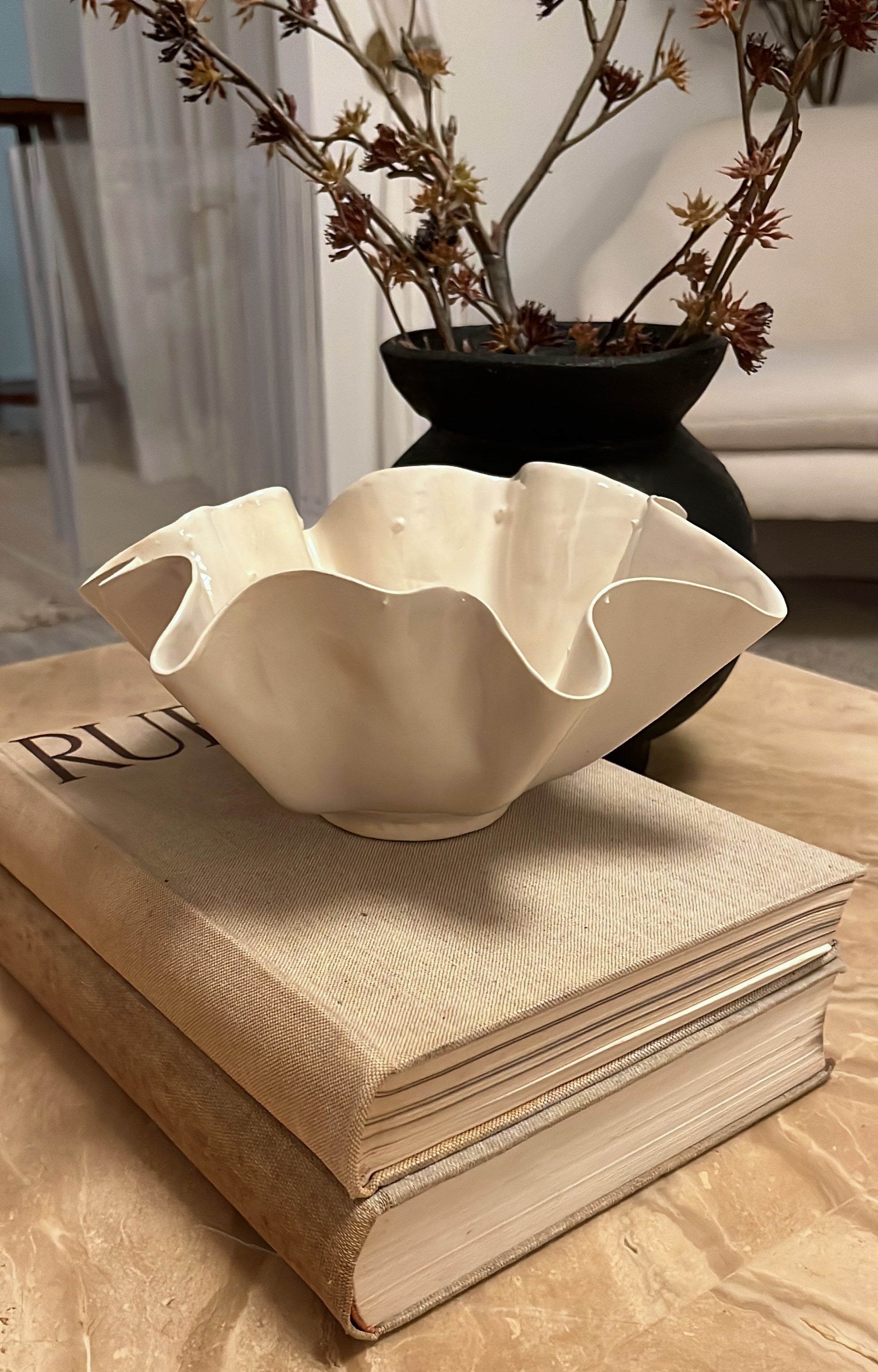 Medium Ruffle Bowl with Slip Dot Detail
