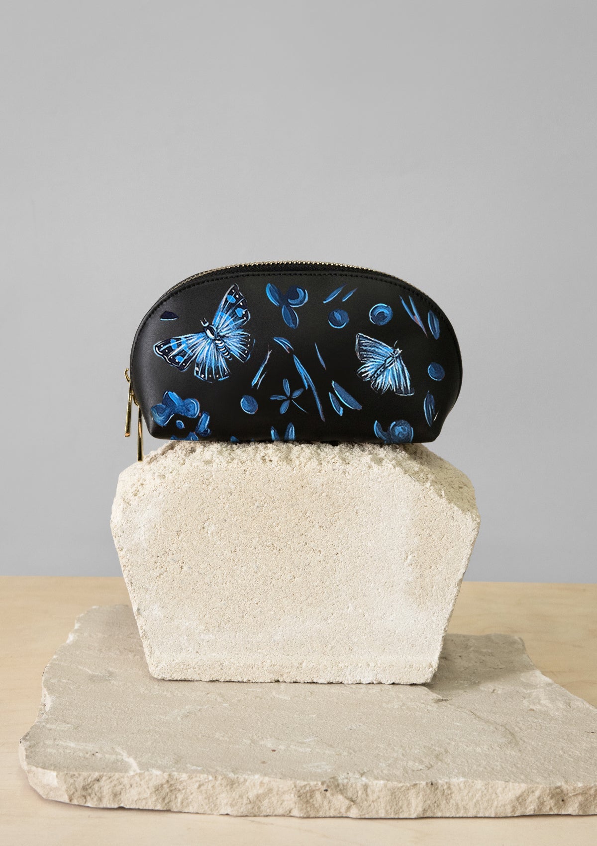 Denim Butterfly Black Makeup Bag