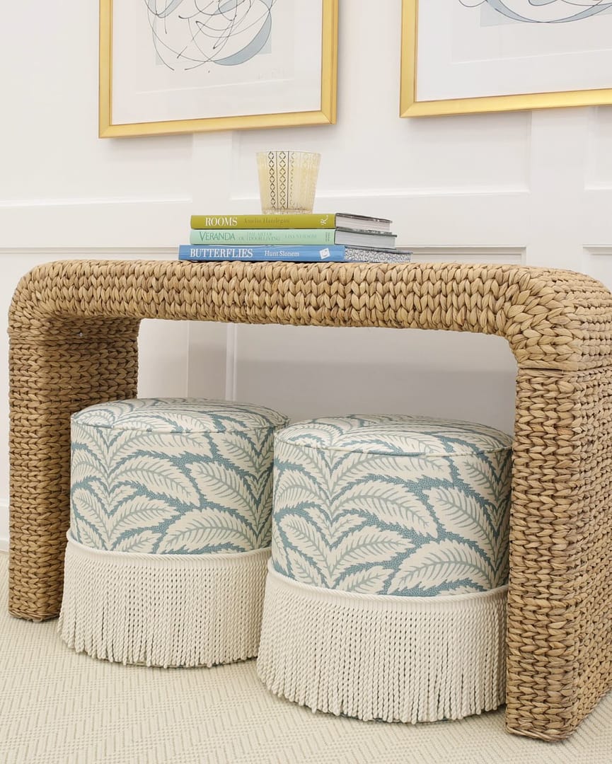 Round Ottoman with Bullion - Talavera Linen fabric by Brunschwig & Fils
