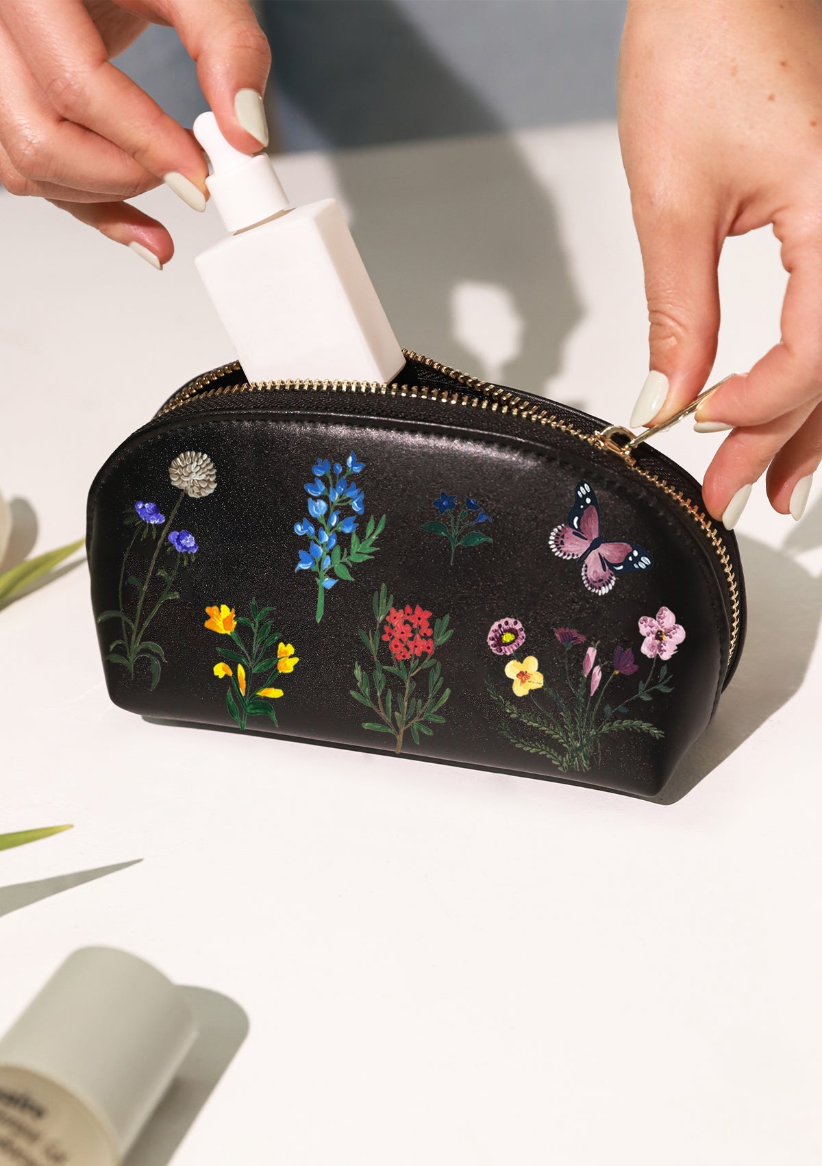Pressed Flowers Black Makeup Bag