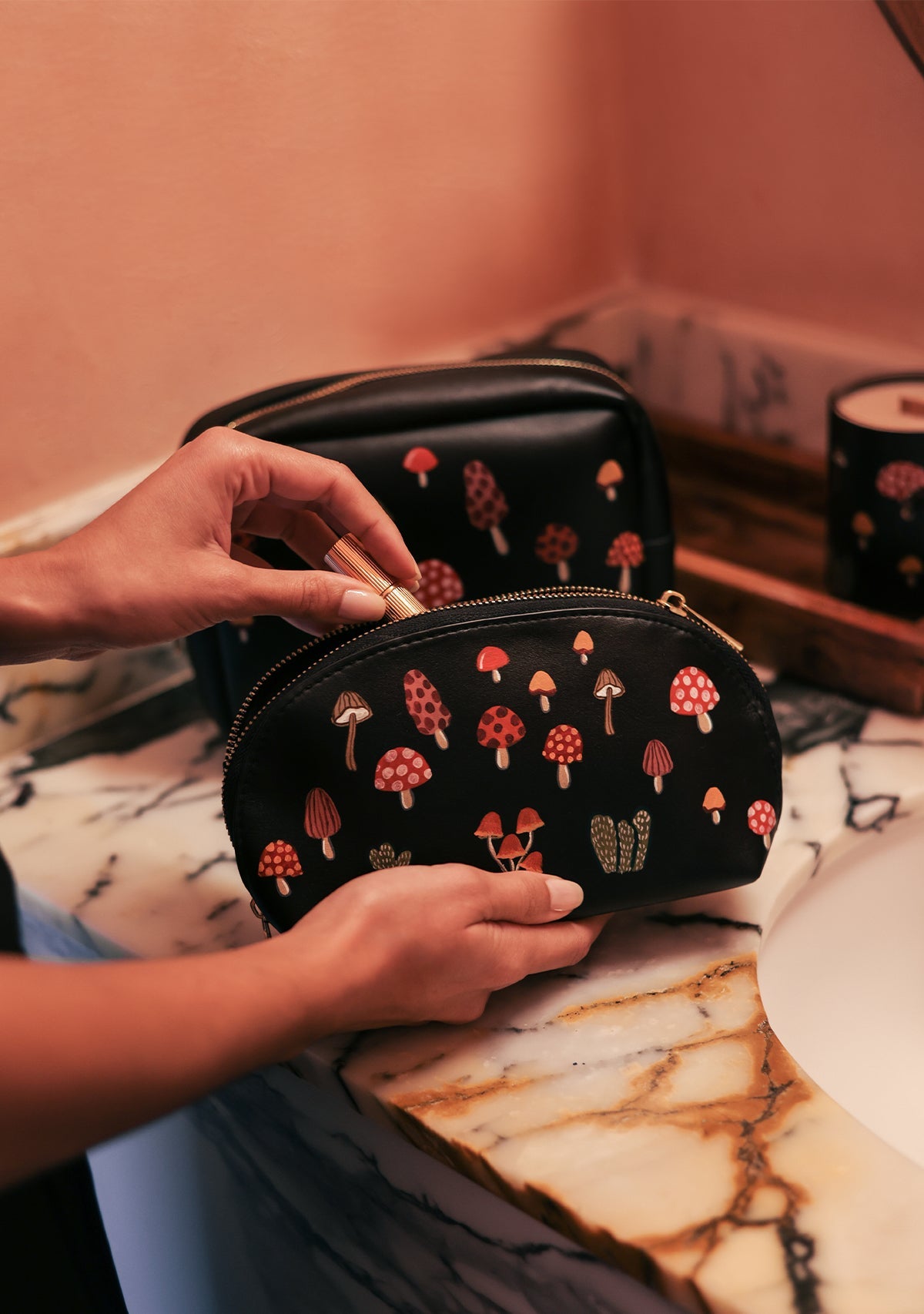 Mushroom Black Makeup Bag
